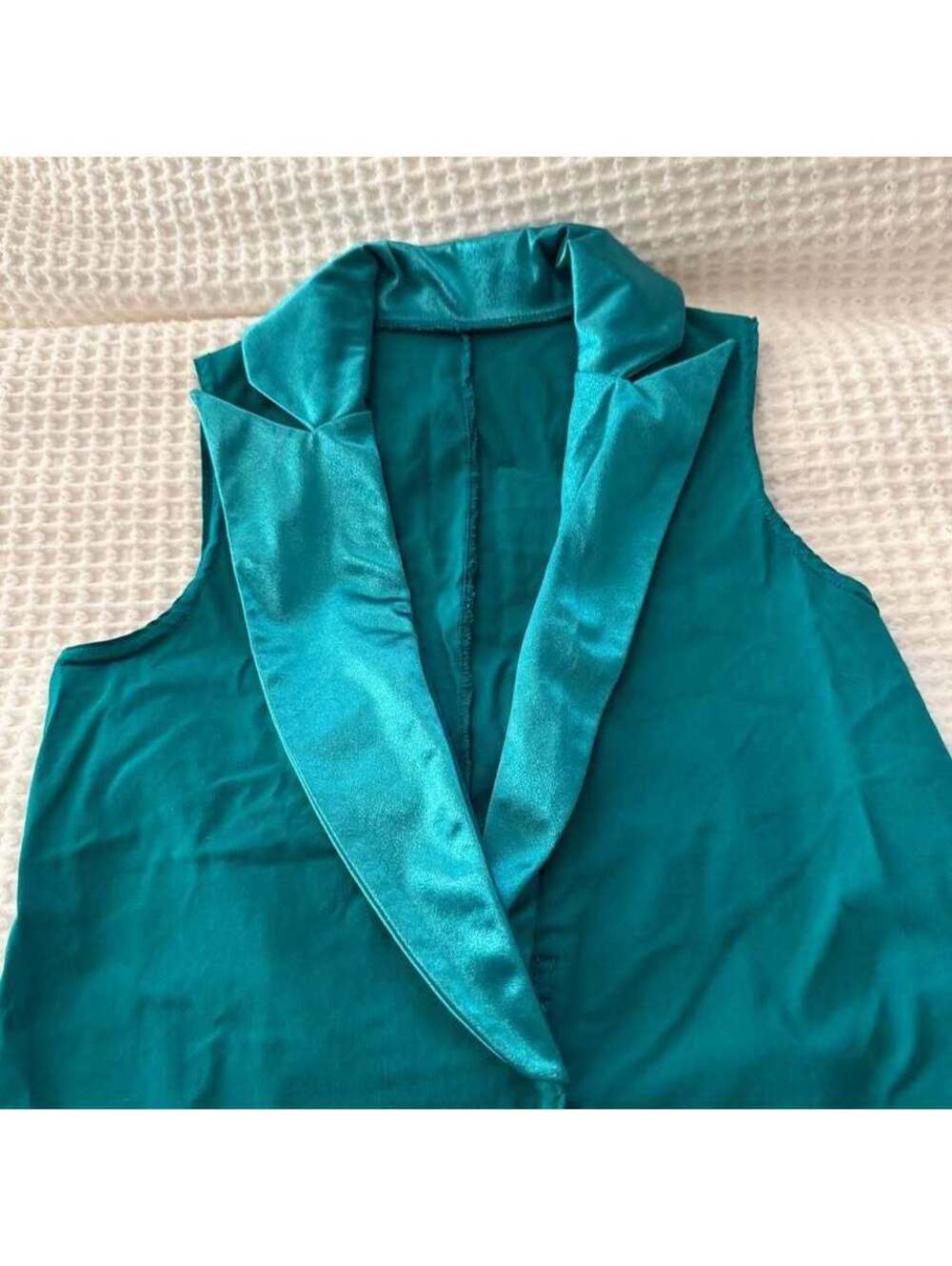 Teal Satin Lapel Sleeveless Blazer Vest One Button Tuxedo Style Size S/M - Picture 2 of 7